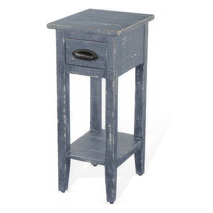 Benjara Rena Chairside Table with Drawer And Shelf, 14 Inch Blue Mahogany Wood