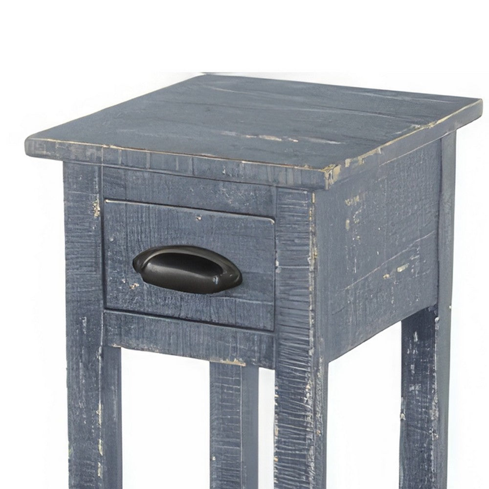 Benjara Rena Chairside Table with Drawer And Shelf, 14 Inch Blue Mahogany Wood