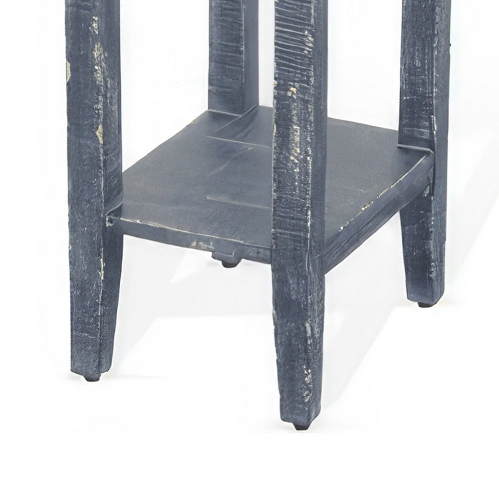 Benjara Rena Chairside Table with Drawer And Shelf, 14 Inch Blue Mahogany Wood
