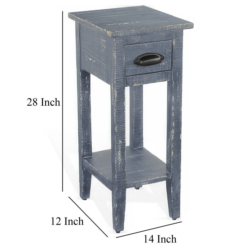 Benjara Rena Chairside Table with Drawer And Shelf, 14 Inch Blue Mahogany Wood