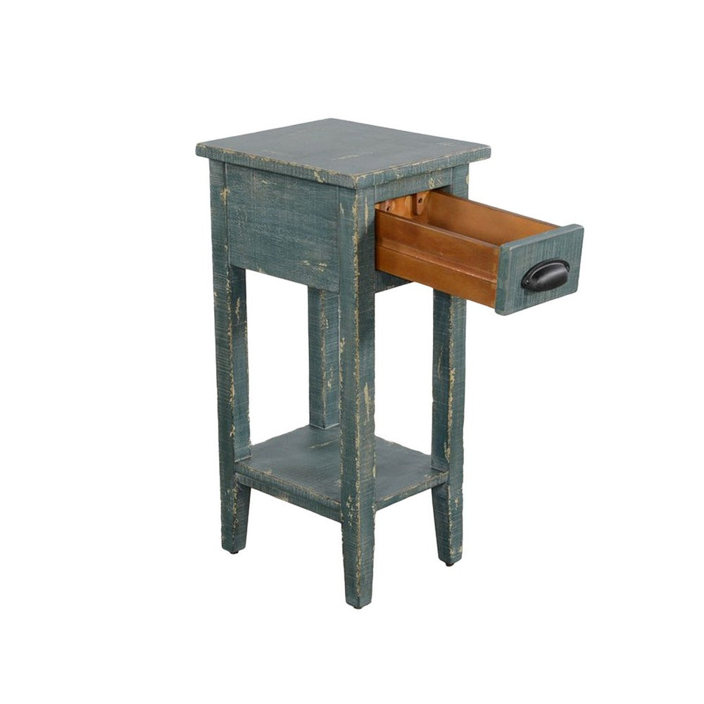 Benjara Rena Chairside Table, Drawer And Shelf, 14 Inch Green Mahogany Wood