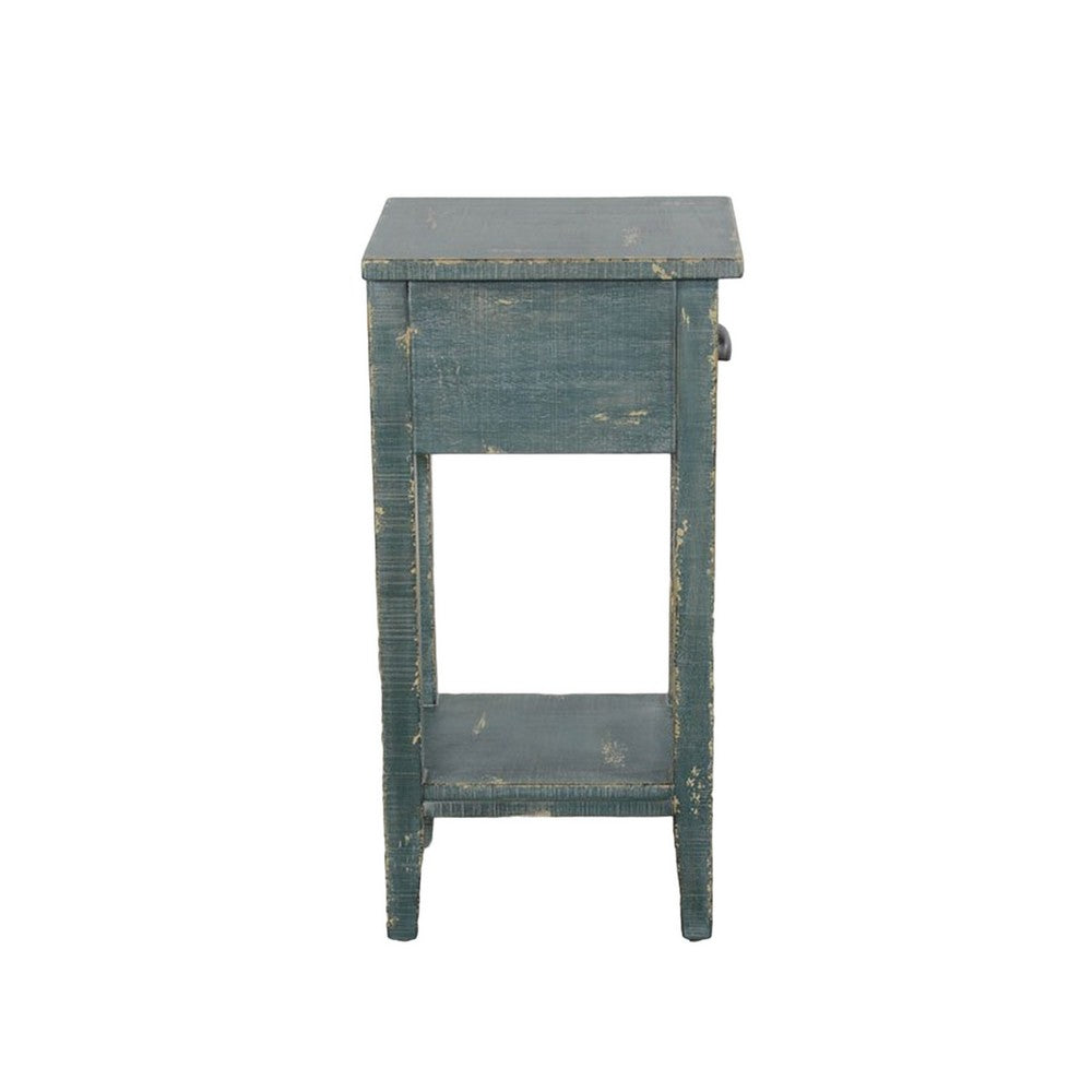Benjara Rena Chairside Table, Drawer And Shelf, 14 Inch Green Mahogany Wood