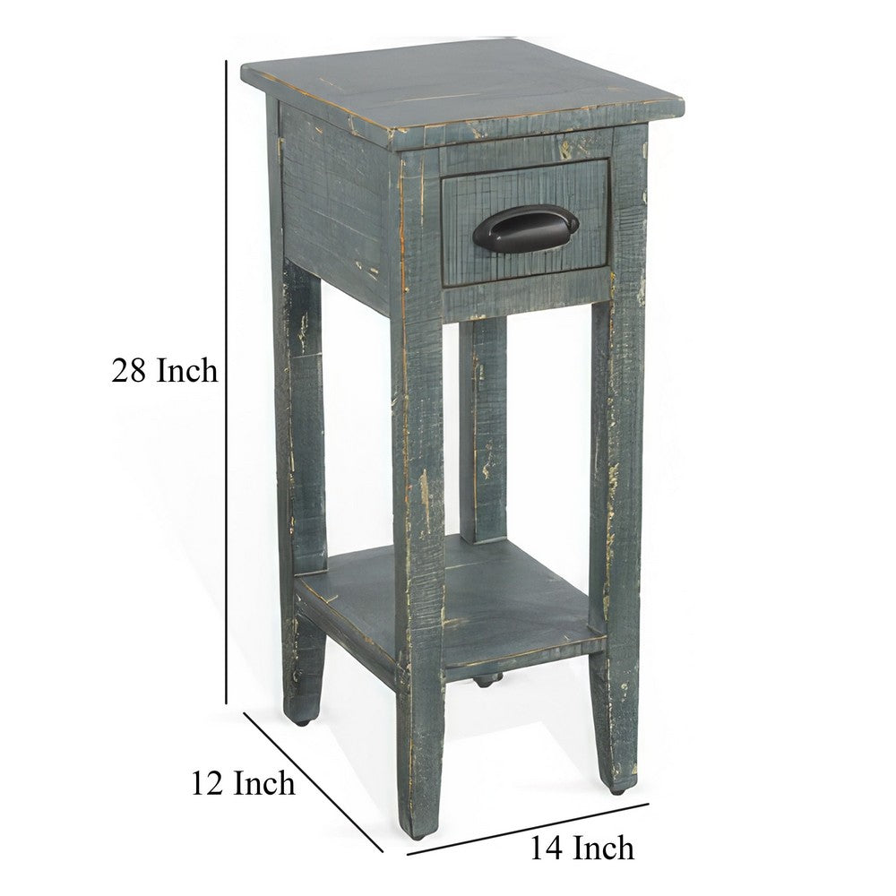 Benjara Rena Chairside Table, Drawer And Shelf, 14 Inch Green Mahogany Wood