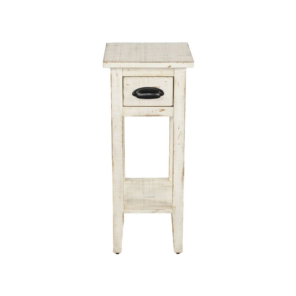 Benjara Rena Chairside Table, Drawer And Shelf, 14 Inch White Mahogany Wood