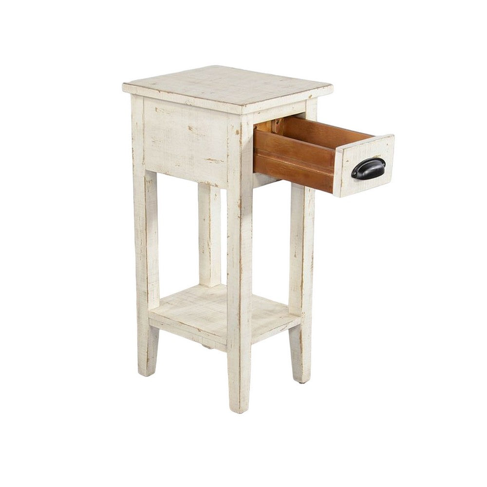 Benjara Rena Chairside Table, Drawer And Shelf, 14 Inch White Mahogany Wood
