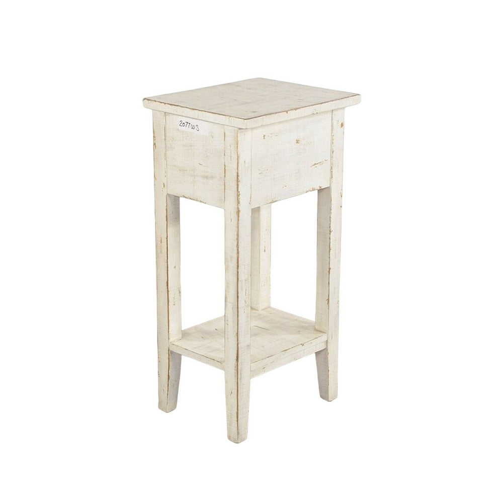 Benjara Rena Chairside Table, Drawer And Shelf, 14 Inch White Mahogany Wood