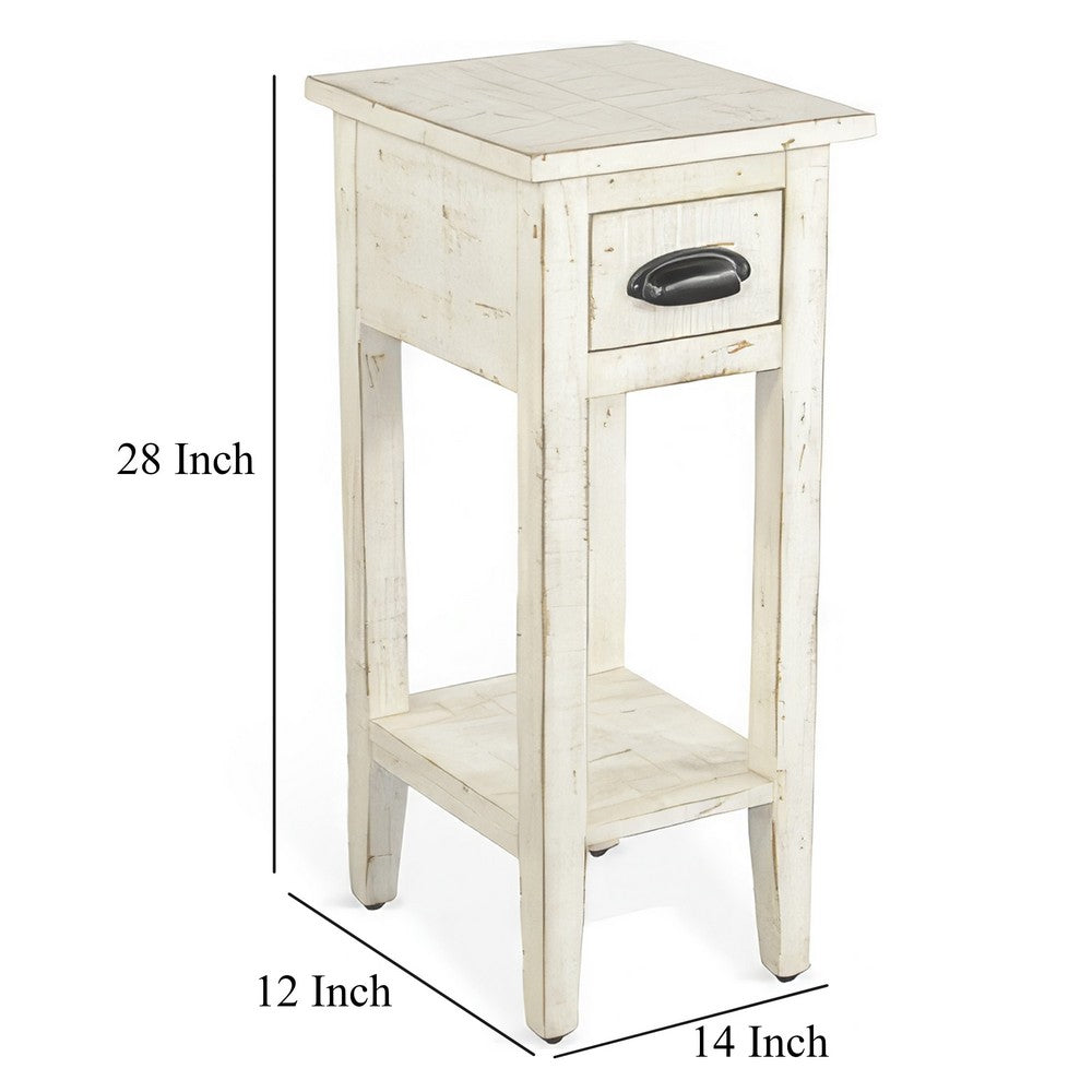 Benjara Rena Chairside Table, Drawer And Shelf, 14 Inch White Mahogany Wood