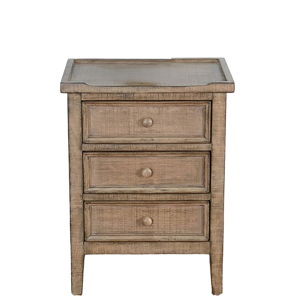 Benjara Rena Side End Table | 3 Drawers with Round Knobs | 19" Distressed Pebble Brown Mahogany Wood