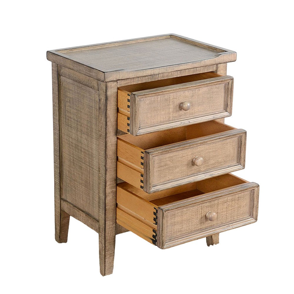 Benjara Rena Side End Table | 3 Drawers with Round Knobs | 19" Distressed Pebble Brown Mahogany Wood