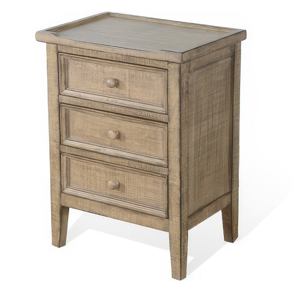 Benjara Rena Side End Table | 3 Drawers with Round Knobs | 19" Distressed Pebble Brown Mahogany Wood