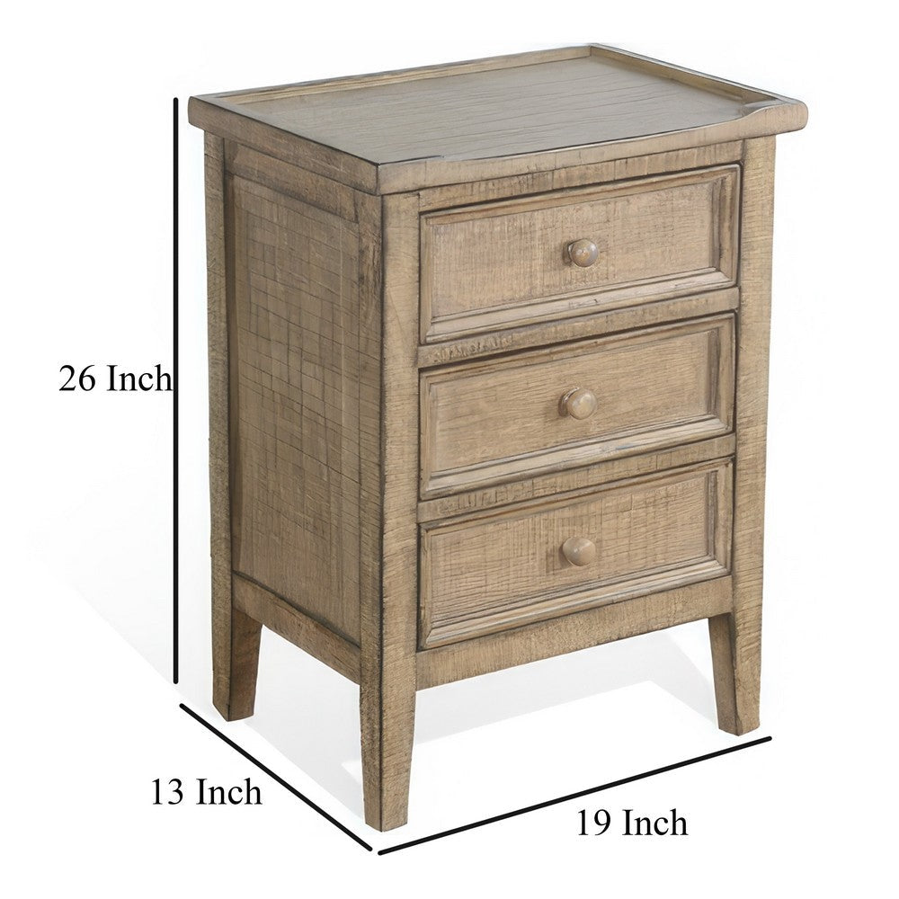 Benjara Rena Side End Table | 3 Drawers with Round Knobs | 19" Distressed Pebble Brown Mahogany Wood