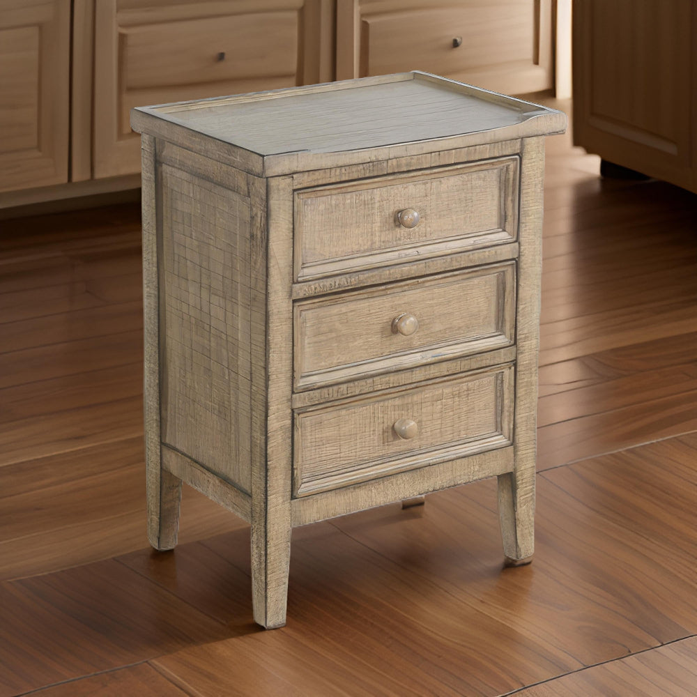 Benjara Rena Side End Table | 3 Drawers with Round Knobs | 19" Distressed Pebble Brown Mahogany Wood