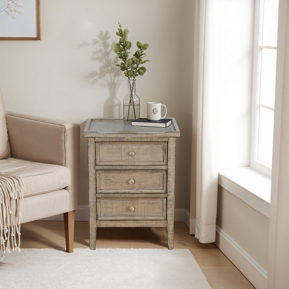 Benjara Rena Side End Table | 3 Drawers with Round Knobs | 19" Distressed Pebble Brown Mahogany Wood