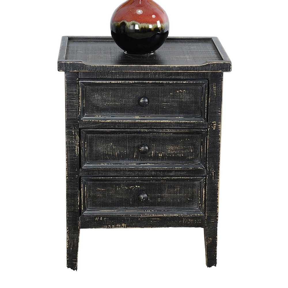 Benjara Rena End Table with 3 Drawers, 19 Inch Distressed Black Mahogany Wood