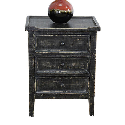 Benjara Rena End Table with 3 Drawers, 19 Inch Distressed Black Mahogany Wood