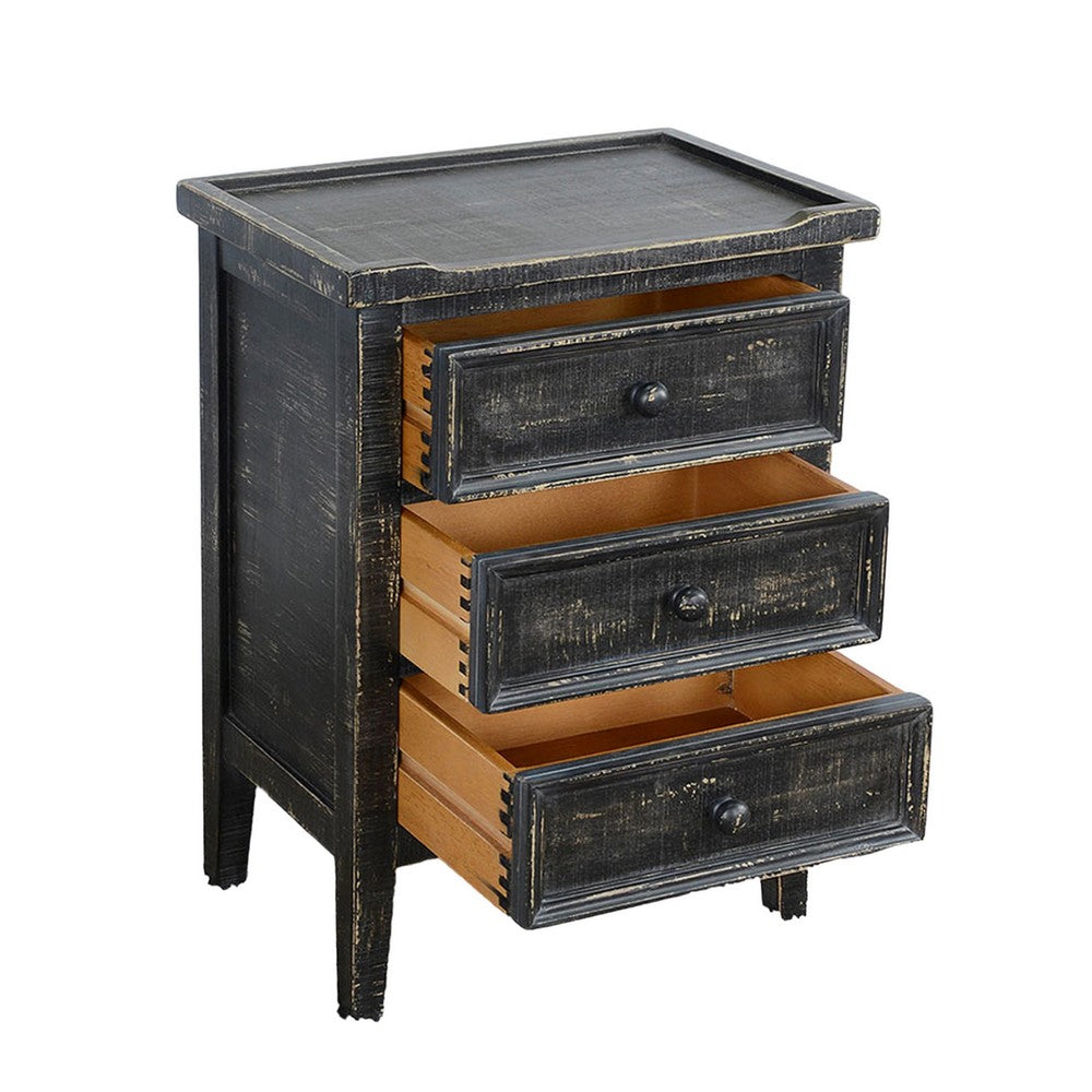 Benjara Rena End Table with 3 Drawers, 19 Inch Distressed Black Mahogany Wood