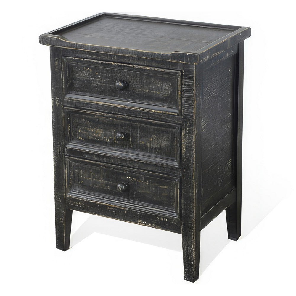 Benjara Rena End Table with 3 Drawers, 19 Inch Distressed Black Mahogany Wood