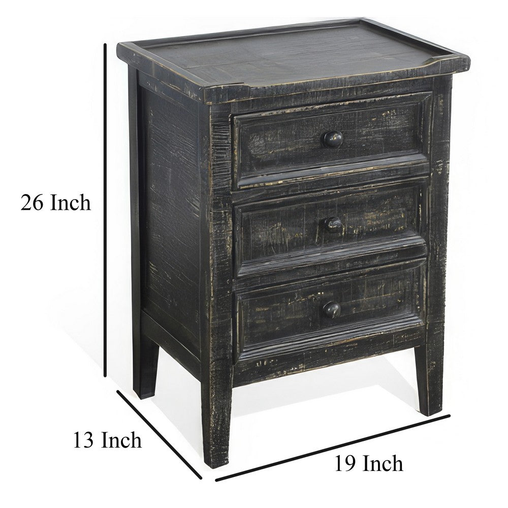 Benjara Rena End Table with 3 Drawers, 19 Inch Distressed Black Mahogany Wood