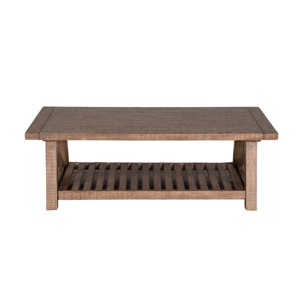 Benjara Anva Coffee Table, Light Brown Mahogany, Shelf, Rectangular 52 Inch