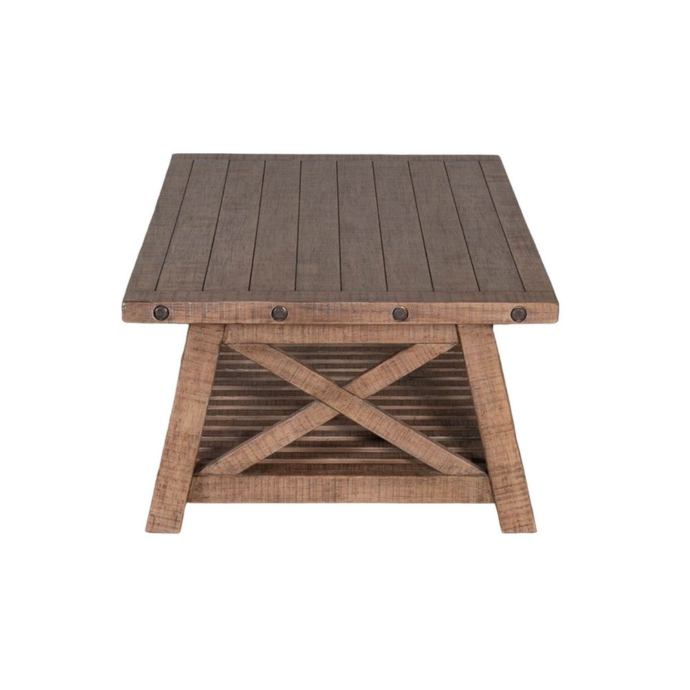 Benjara Anva Coffee Table, Light Brown Mahogany, Shelf, Rectangular 52 Inch
