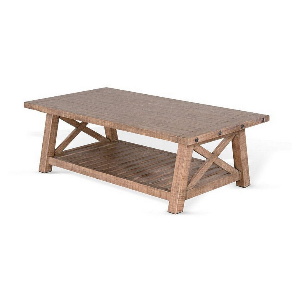 Benjara Anva Coffee Table, Light Brown Mahogany, Shelf, Rectangular 52 Inch