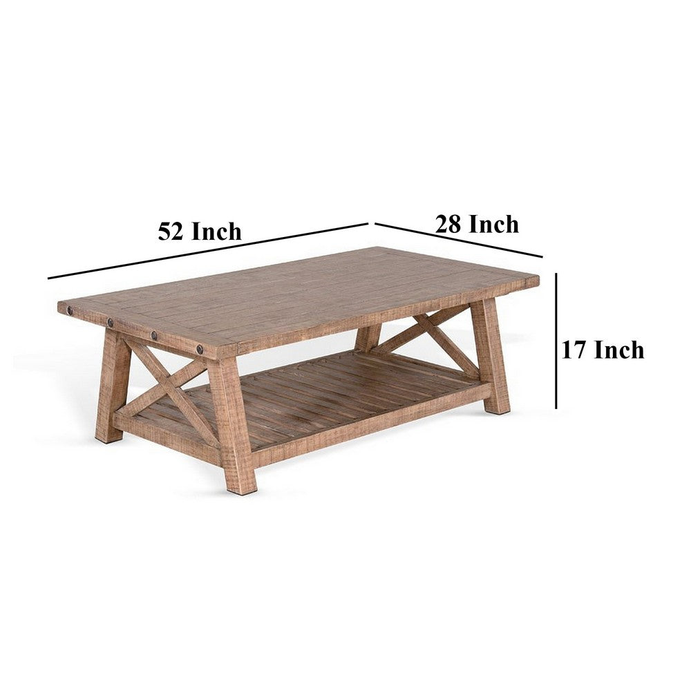 Benjara Anva Coffee Table, Light Brown Mahogany, Shelf, Rectangular 52 Inch