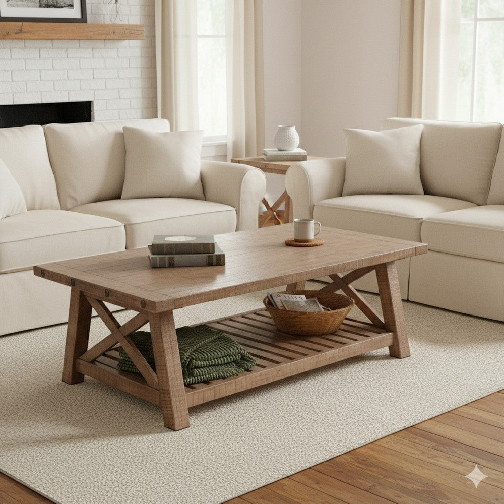 Benjara Anva Coffee Table, Light Brown Mahogany, Shelf, Rectangular 52 Inch