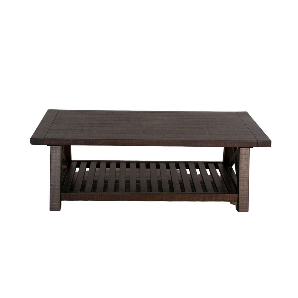 Benjara Anva Coffee Table, Dark Brown Mahogany, Shelf, Rectangular 52 Inch