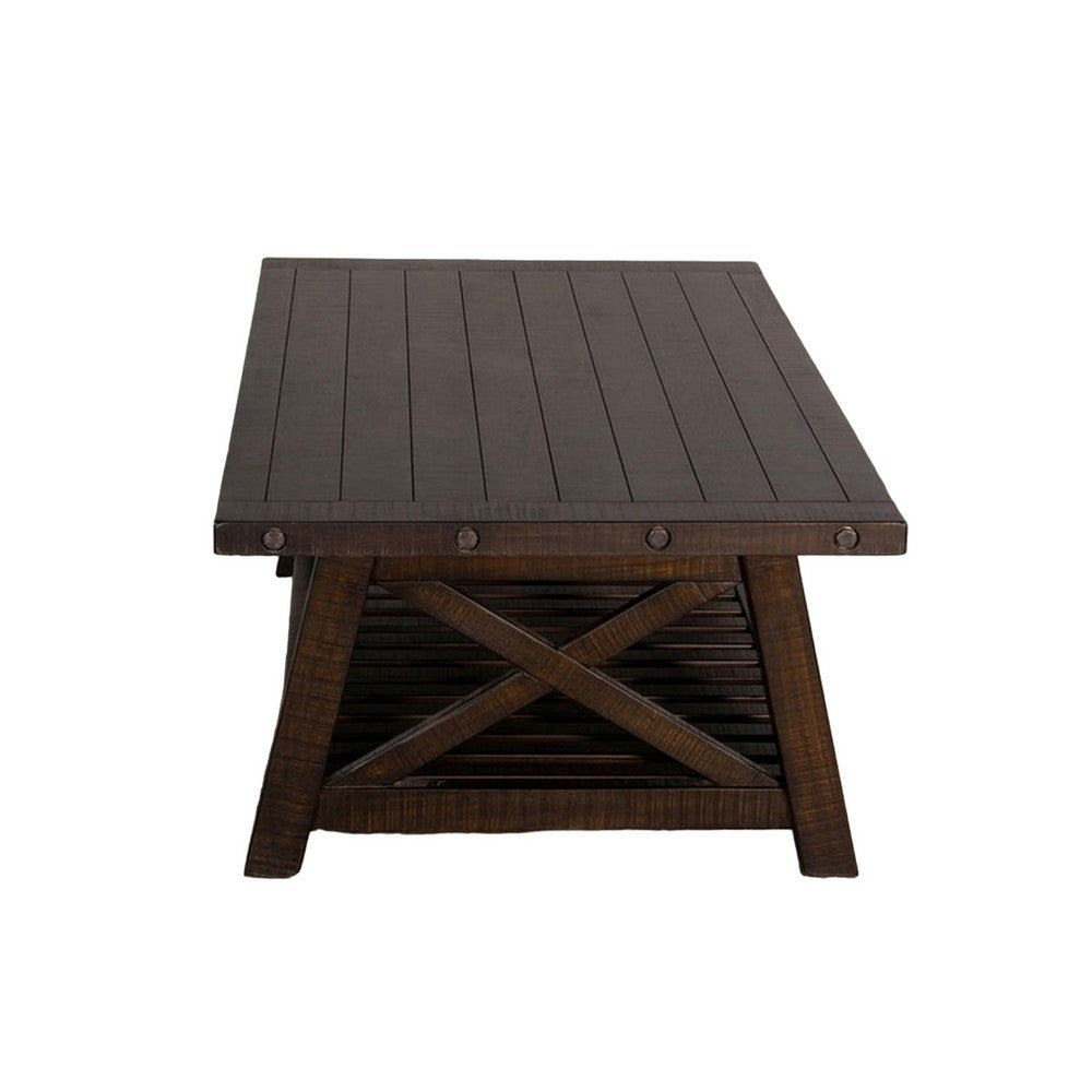 Benjara Anva Coffee Table, Dark Brown Mahogany, Shelf, Rectangular 52 Inch