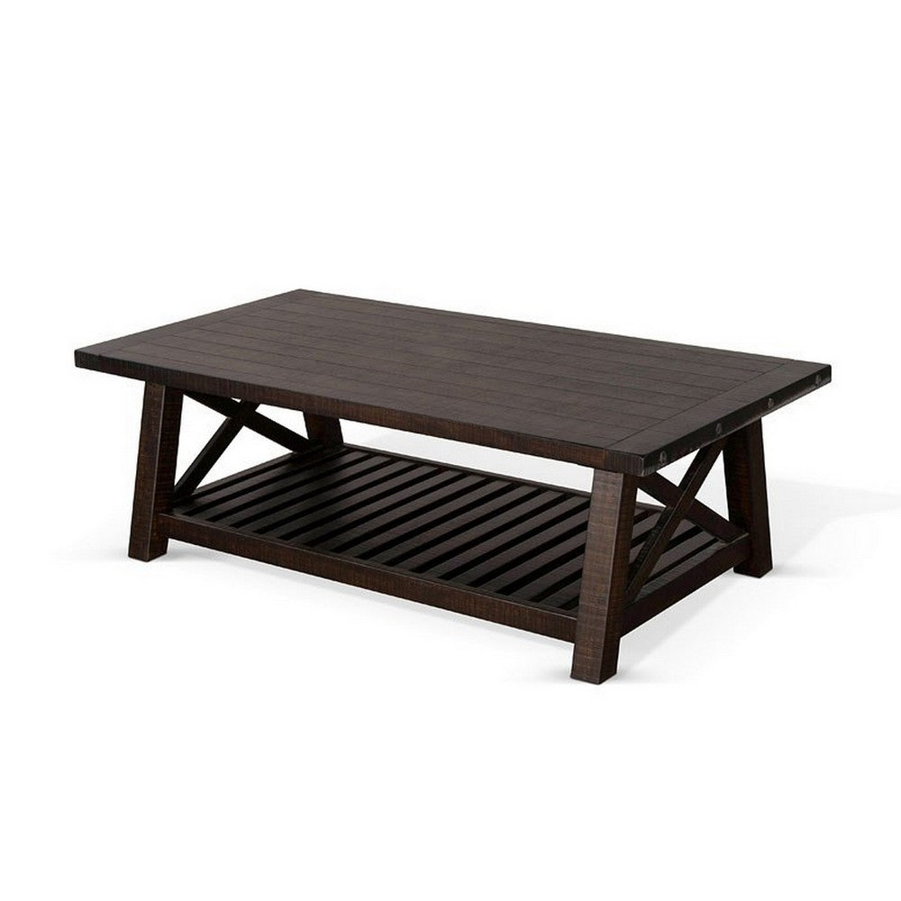 Benjara Anva Coffee Table, Dark Brown Mahogany, Shelf, Rectangular 52 Inch