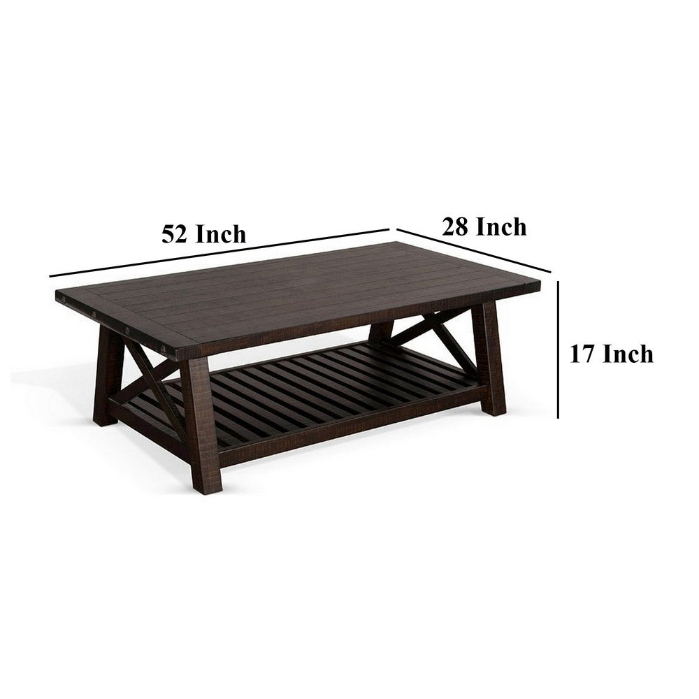 Benjara Anva Coffee Table, Dark Brown Mahogany, Shelf, Rectangular 52 Inch