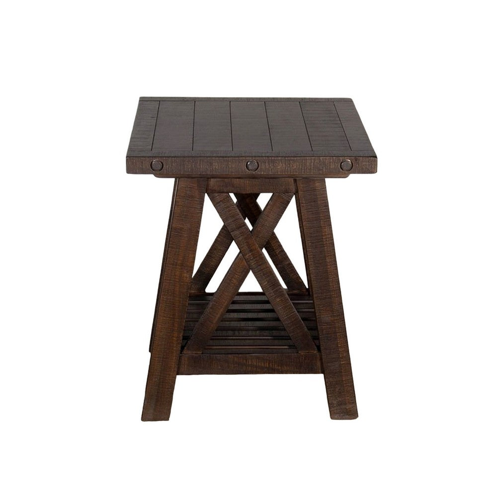 Benjara Anva Side End Table, Dark Brown Mahogany, Shelf, Rectangular 24 Inch