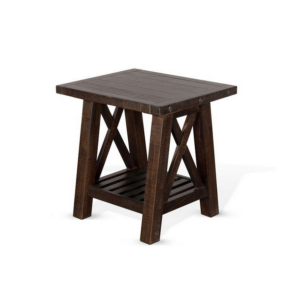Benjara Anva Side End Table, Dark Brown Mahogany, Shelf, Rectangular 24 Inch