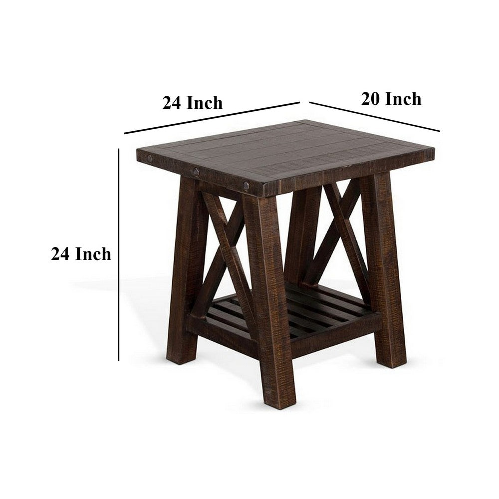 Benjara Anva Side End Table, Dark Brown Mahogany, Shelf, Rectangular 24 Inch