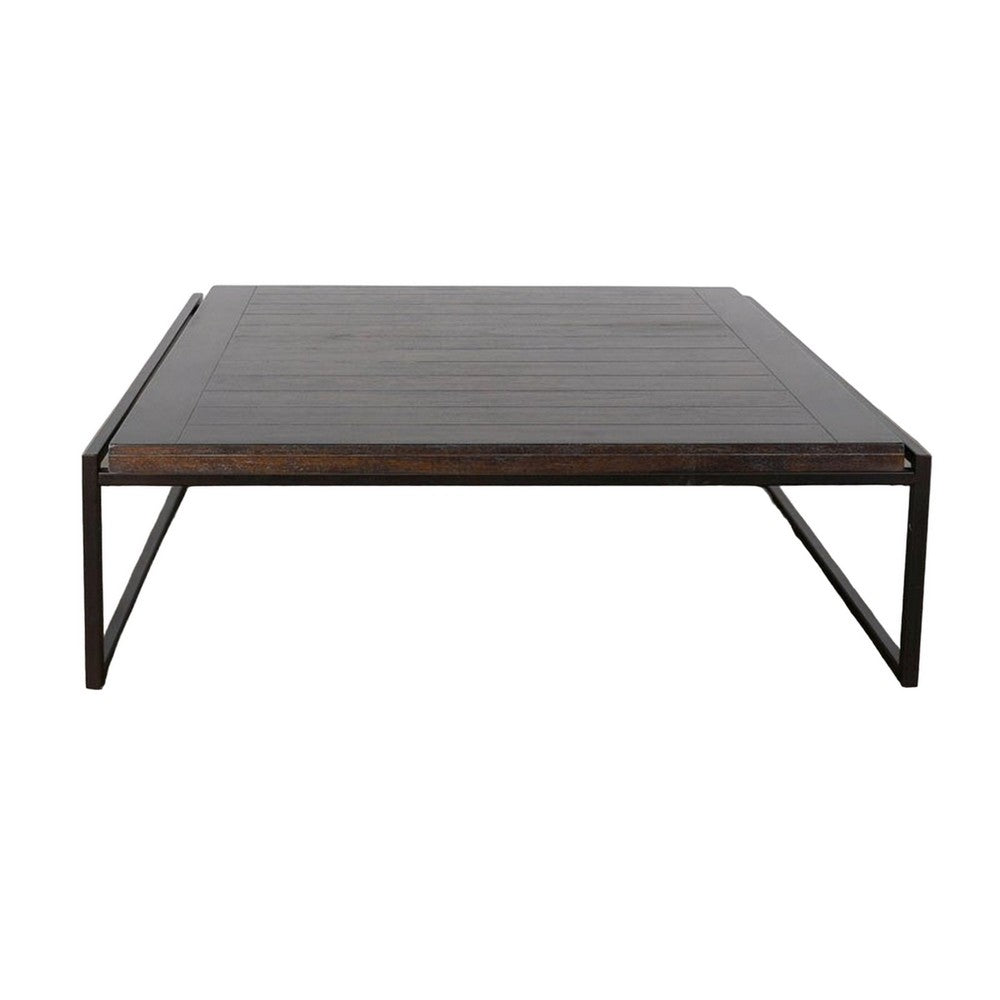 Benjara Lery Coffee Table, Dark Brown 50 Inch Square Wood Top, Black Metal