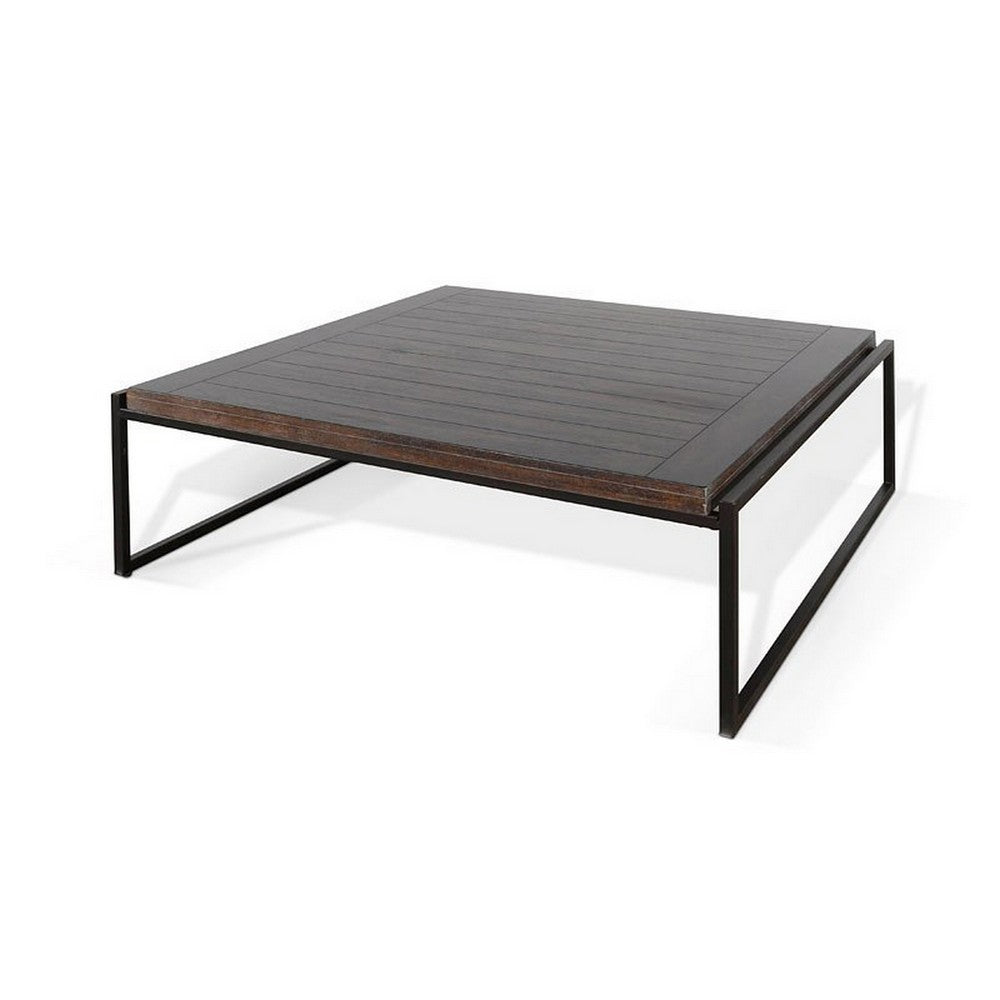 Benjara Lery Coffee Table, Dark Brown 50 Inch Square Wood Top, Black Metal