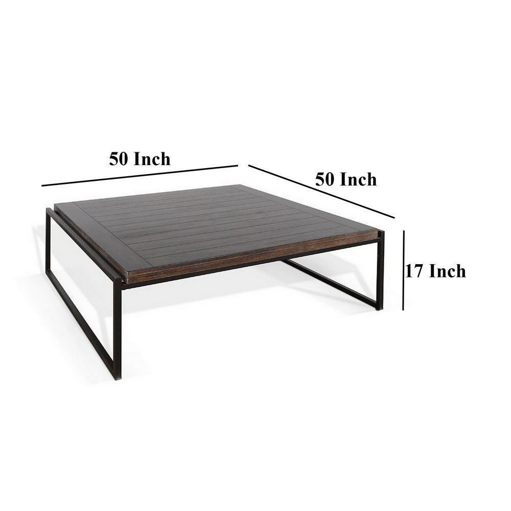 Benjara Lery Coffee Table, Dark Brown 50 Inch Square Wood Top, Black Metal