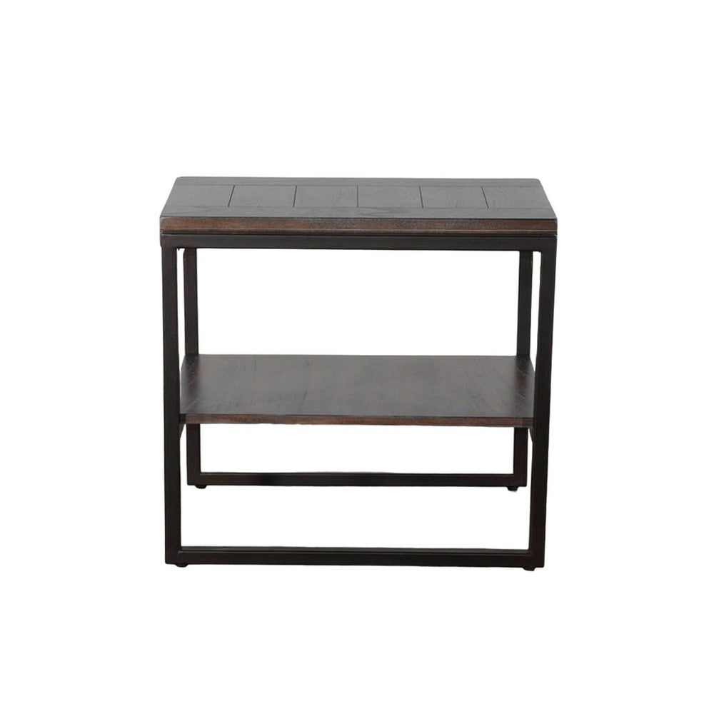 Benjara Lery Accent Chairside Table, Dark Brown Wood, Black Metal, 24 Inch