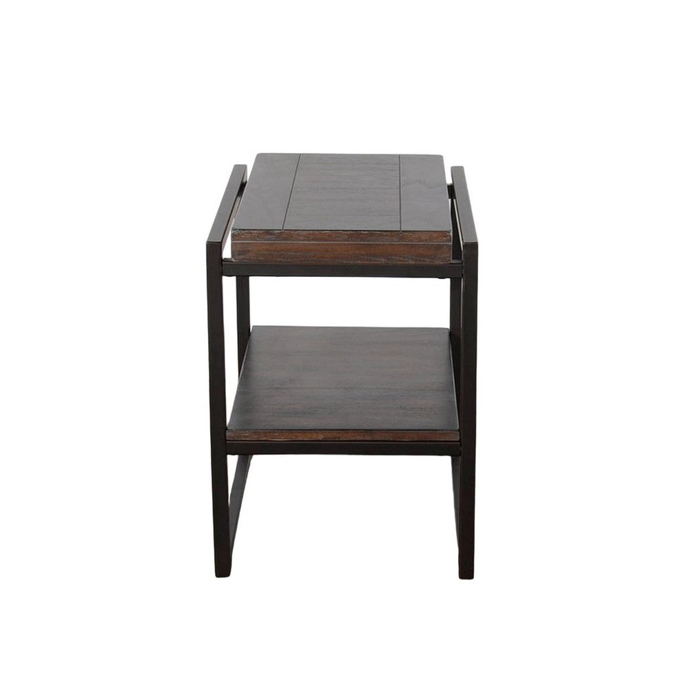 Benjara Lery Accent Chairside Table, Dark Brown Wood, Black Metal, 24 Inch