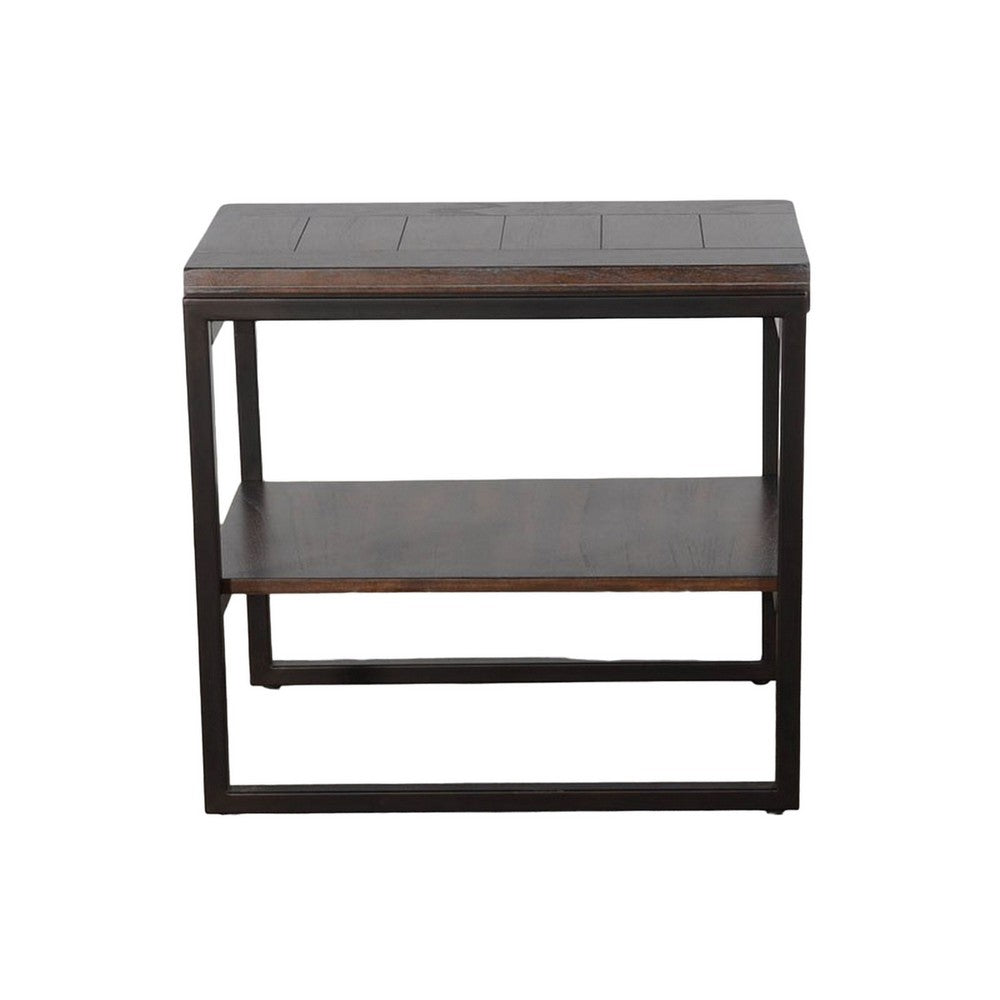 Benjara Lery Accent Chairside Table, Dark Brown Wood, Black Metal, 24 Inch