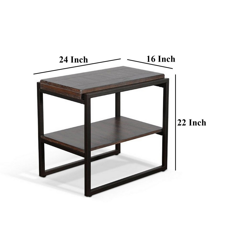 Benjara Lery Accent Chairside Table, Dark Brown Wood, Black Metal, 24 Inch