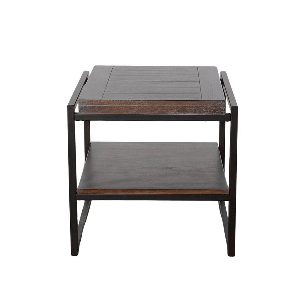 Benjara Lery End Table, Dark Brown Wood, Black Metal, Bottom Shelf, 24 Inch
