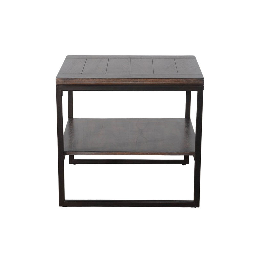 Benjara Lery End Table, Dark Brown Wood, Black Metal, Bottom Shelf, 24 Inch