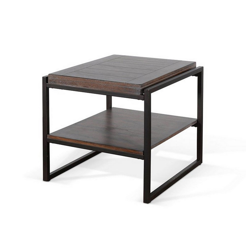 Benjara Lery End Table, Dark Brown Wood, Black Metal, Bottom Shelf, 24 Inch