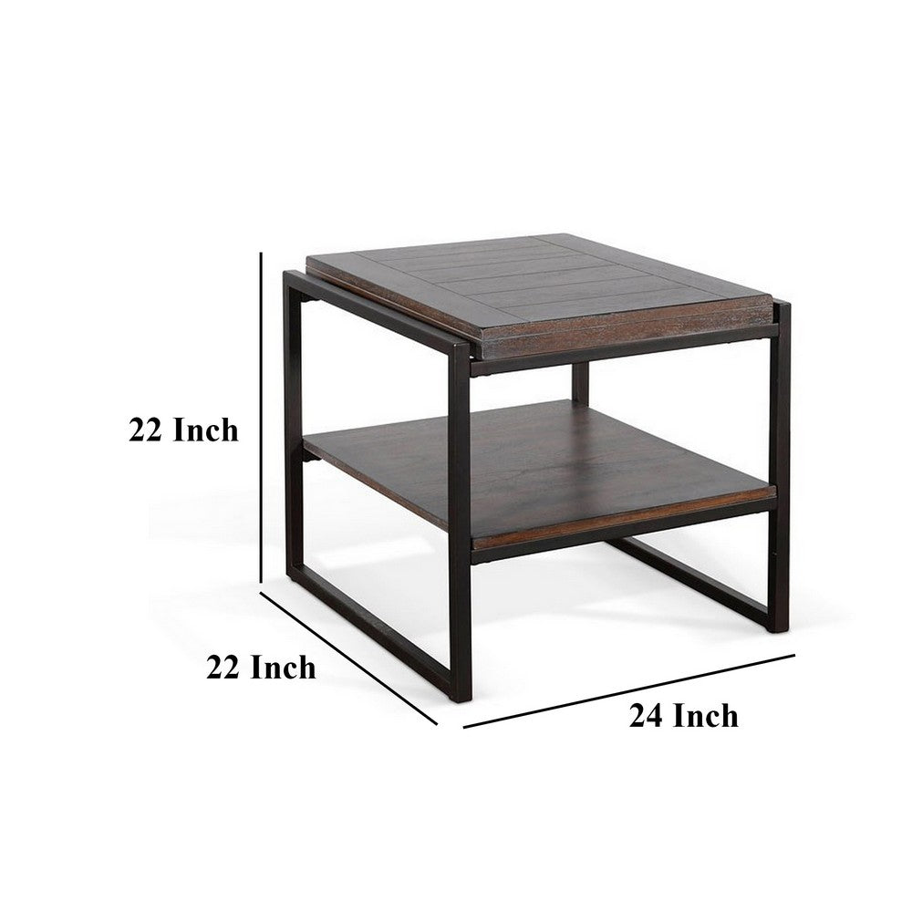 Benjara Lery End Table, Dark Brown Wood, Black Metal, Bottom Shelf, 24 Inch
