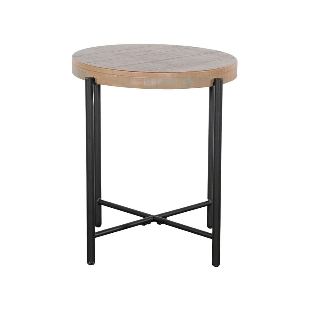 Benjara Reena Accent Chairside Table, Light Brown Wood, Black, Round 22 Inch