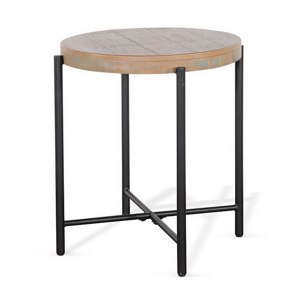 Benjara Reena Accent Chairside Table, Light Brown Wood, Black, Round 22 Inch