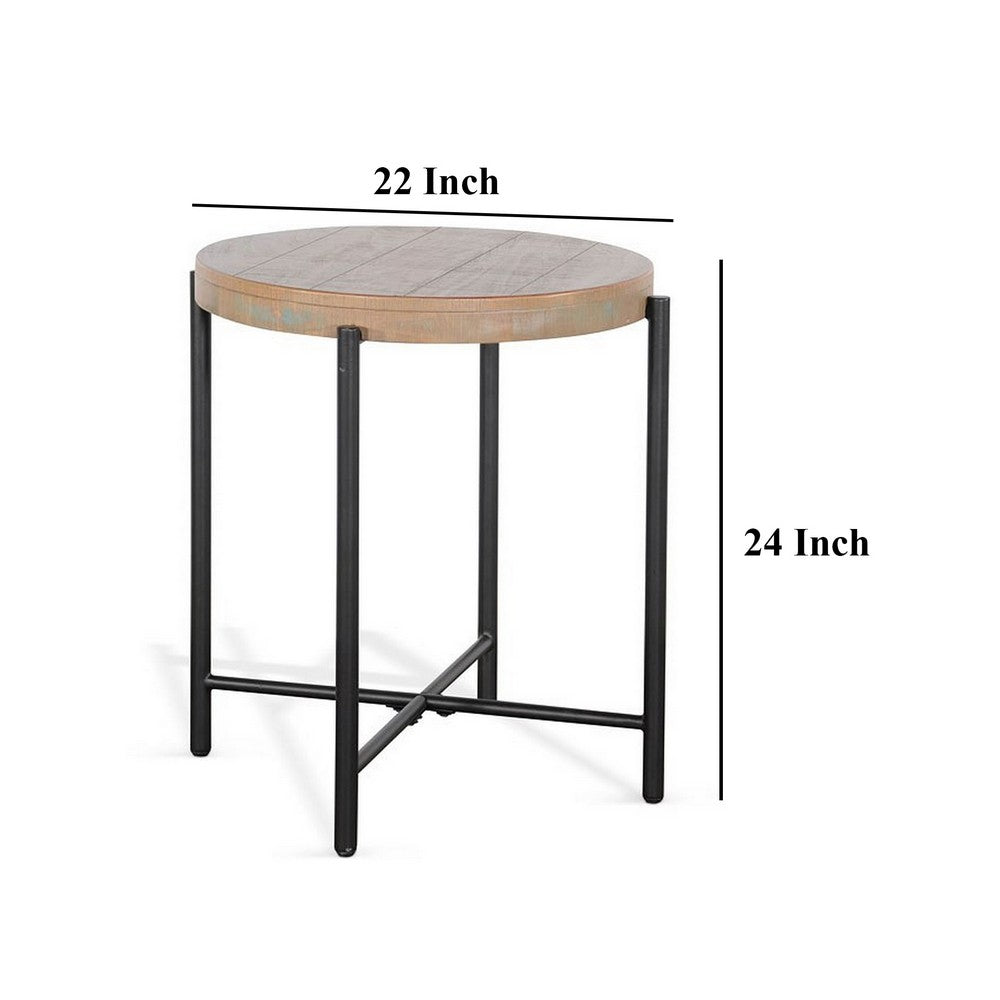 Benjara Reena Accent Chairside Table, Light Brown Wood, Black, Round 22 Inch