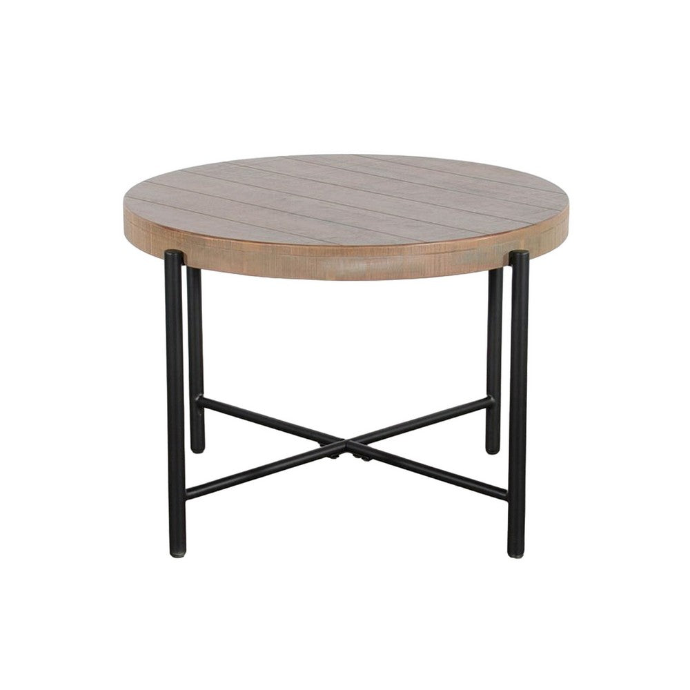 Benjara Reena End Table, Light Brown Mahogany, Black Metal, Round 28 Inch