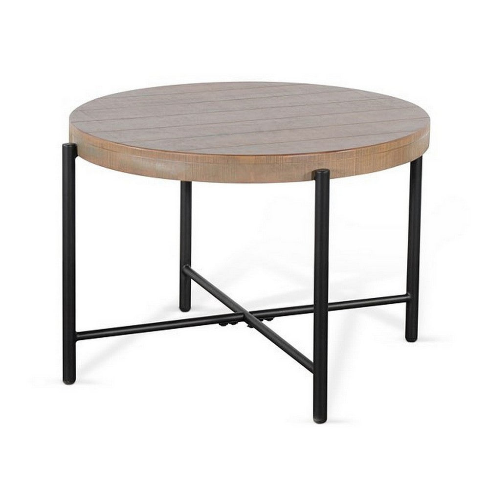 Benjara Reena End Table, Light Brown Mahogany, Black Metal, Round 28 Inch